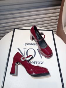 Waterproof Platform High Heels Womens Korean Version New Elegance Lady Square Head Patent Leather One-Strap Thick Heel Mary Janes Shoes