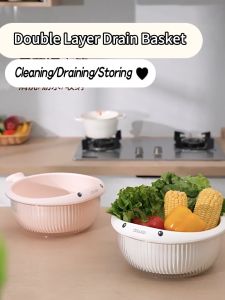 ASWEI Double-layer Drain Basket Vegetable Washing Basket Household Kitchen Washing Basket Two Colors Available Cleaning Draining & Storage 3-in-1