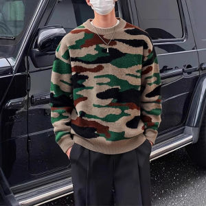 เสื้อสเวตเตอร์คอปกกลมลายพรางแบบสวมหัวสำหรับผู้ชาย แฟชั่นลำลอง อบอุ่น ฤดูใบไม้ร่วง 2024 เสื้อสเวตเตอร์ถักคอวีแขนยาว
