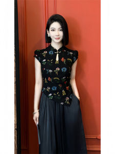 Elegant Black Short Sleeve Slim Fit Shirt New Chinese Style Womens Summer Fashion High Quality Short Shirt Stylish Top