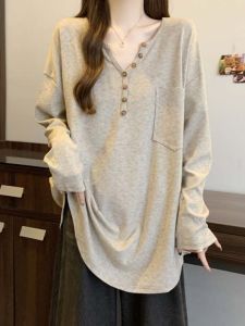 Loose Long Sleeve V-Neck T-Shirt Womens Base Shirt Spring Autumn plus Size Cover Butt Top Casual Creative Commute Style