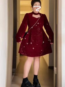 plus Size Womens Glowing Red Dress Korean Style High Waist A-Line Short Skirt Long Sleeve Base Layer Dress for Autumn Winter