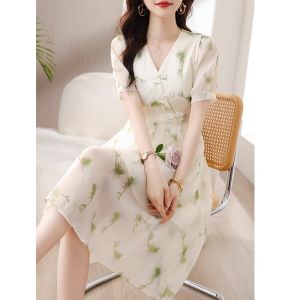 French Elegant Short Sleeve Floral Chiffon Dress