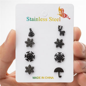 4Pairs/Lot Fashion Snowflake Stud Earrings Mini Stainless Steel Deer Umbrella Earings for Women Men Christmas Jewelry Wholesale