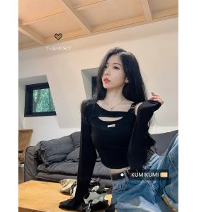 เสื้อยืดคอกลมแขนยาวทรงเข้ารูปสำหรับผู้หญิงในฤดูใบไม้ร่วงปี 2023 เสื้อเชิ้ตแขนยาวแบบมีฮู้ดสำหรับใส่ลำลองในฤดูใบไม้ร่วง