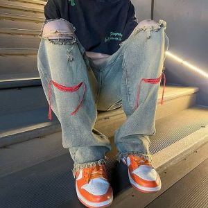 American Vibe Mens Jeans Summer Thin High Street Trend Straight Loose Hole Frayed Hem Poor Mans Pants Casual Wear