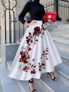 Printed Design suitable for all four seasons Red And White Roses With Leaves vacation style elegant style womens half skirt