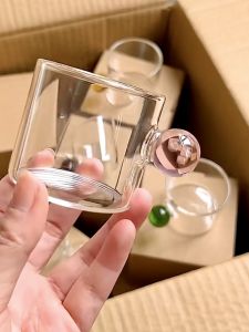 Mini Transparent Glass Cup with round Ball Handle Fruit Wine Cup Creative Nordic Style Antibacterial Glass Tea Cup for Everyone