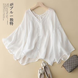 Artsy Contrast Color Bright Line Bell Sleeve Cotton and Linen Sun Protection Top Plus Size Womens Clothing Thin V-neck Slim Looking Pure Color Shirt Summer