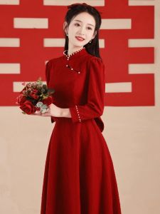 Elegant Red Long Sleeve Qipao Dress for Women Retro Style Wedding Party Evening Gown mid Waist Zipper Design Chinese New Style