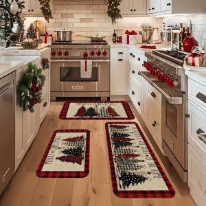 VIKAMA 1/3-piece Merry Christmas Rug Set Soft Non-Slip Christmas Tree Decor Kitchen Mat Entrance Doormat Home Decor