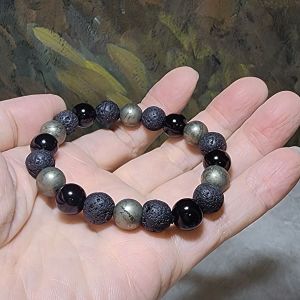 Gegegems Creation 10mm natural Pyrite Lava Stone & Black Agate bracelet [Natural Crystal] 10毫米天然黄铁矿火山石黑玛瑙手链