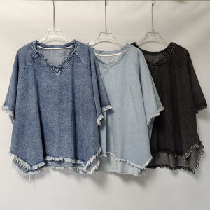 Summer 2025 Womens V-Neck Soft Denim Short Sleeve T-Shirt Casual Loose Fit Versatile Base Shirt Top Cotton Polyester Blend