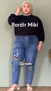 AFAREEN - Kulot Jeans Bordir Jumbo Boyfriend Pinggang Karet / Baggy Jeans Big Size Pinggang Karet