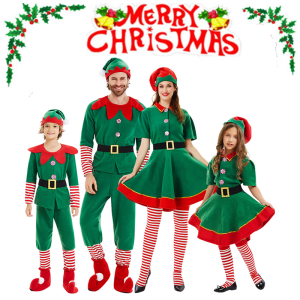 Carlanisa Men Women Girls Boys Halloween /Christmas Santa Claus Costume Green Elf Cosplay Family Christmas Party New Year Fancy Dress Clothes Set