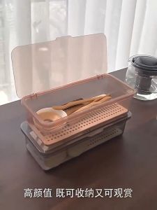 3ชิ้น กล่องเก็บของใช้บนโต๊ะอาหารในครัว พร้อมที่คว่ำจาน / ที่จัดระเบียบอุปกรณ์ครัวแบบพลาสติก พร้อมฝาปิด / ถาดเก็บช้อนส้อมกันฝุ่น / ถังเก็บแปรงแต่งหน้า / กล่องจัดระเบียบของอเนกประสงค์ / ชั้นวางช้อนส้อม