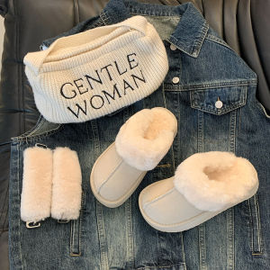 Womens Thick Bottom Fur Lined Snow Boots Large Size Half Slip on Two Wear Styles Back Strap Fur Shoes Korean Style Slip-On Slippers