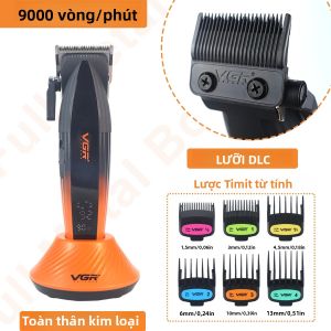 Máy Cắt Tóc Chuyên Nghiệp VGR V-889C Dành Cho Nam Lưỡi Dao DLC 9000 Vòng/phút Toàn Thân Bằng Kim Loại Có Màn Hình LCD Và Đế Sạc