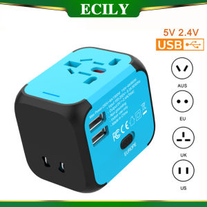 Ecily du lịch quốc tế Adapter UK EU AU phích cắm Mỹ AC 100-250V 2 USB Cổng sạc cắm tường Ổ cắm 5V 2.4A chuyển đổi cắm đa chức năng du lịch ở nước ngoài ổ cắm cung cấp điện
