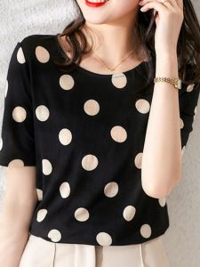 Korean Style Loose-Fitting Womens Clothing Small Polka Dot round Neck Short Sleeve T-shirt Black with White Dots Casual All-Matching Graceful Black Tops Tide