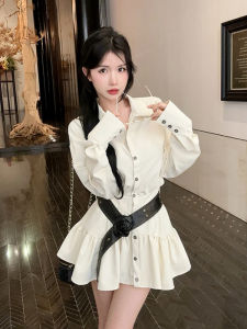White Shirt Dress Womens Early Autumn New Slimming French Long Sleeve Unique Waist-Cut Short Skirt Korean Style Dress