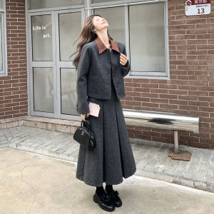 Gray Korean Retro Artistic Woolen Skirt Set Womens 2025 Autumn New Small Fragrance Jacket Long Dress Two-Piece Set