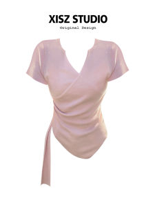 Sweet Fashion Cross V-neck Short Sleeve Knitted T-shirt Womens Summer Slimming Design Sense Waist-cinching Casual Top