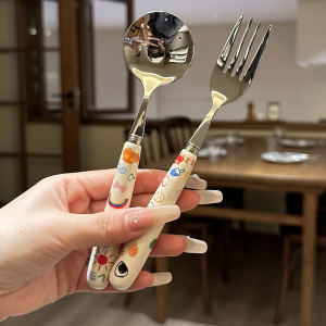 Đáng Yêu Tay Cầm Bằng Gốm Dụng Cụ Ăn Bằng Thép Không Gỉ 304 Dễ Thương Bộ Đồ Ăn Kết Hợp Muỗng Ăn Nĩa Để Sử Dụng Tại Nhà