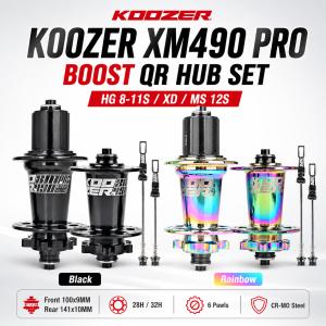 Koozer | KOOZER XM490 PRO MTB Hub Set Front Rear BOOST QR 141x10mm 28/32H 6 Pawls CR-MO Steel HG 8-11S XD MS 12S Disc Brake Bike Hubs