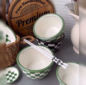 🇲🇾ReadyStock🇲🇾 Korea Stylish High Quality Green Checkerboard Printed Tableware Dining Set棋盘格餐具套装家用网红复古陶瓷碗盘碗碟盘子米饭碗汤面碗青色散装