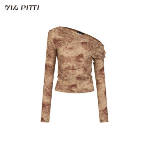 ViaPitti Design Sensual Asymmetrical Pleated Shoulder T-shirt Womens Slim Fit Spicy Girl Top Spring Season Long Sleeve