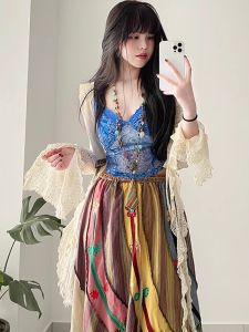 Áo Ba Lỗ Mỏng in Họa Tiết Cổ Điển Màu Xanh Lam Thiết Kế Ban Đầu Áo Ba Lỗ Lót Lưới Áo Ba Lỗ Mùa Hè Cho Nữ