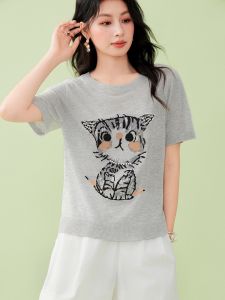 Basic House Pearl Cat Short Sleeve Knitted T-Shirt round Neck Summer New Style Age Reduction Womens Top Comfortable Loose Fit