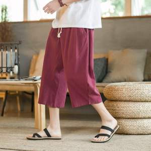 Casual Loose Cotton Linen Seven-Foot Pants Mens Summer Thin Wide Leg Pants Harajuku Style Straight Tube Cool Sensation No Stretch