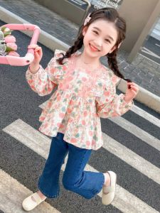 Girls French Style Shirt Floral Doll Print Long Sleeve Cotton Spring Autumn Wear for Little Girls Cute Top Childrens Clothing