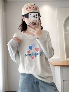 Áo Thun Cotton Dài Tay Rộng Rãi Cổ Tròn in Hình Trái Tim Mùa Thu Mới Dành Cho Nữ Áo Lót Giả Hai Mảnh Áo Thun Thoải Mái