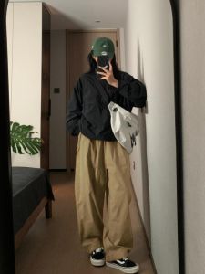 Khaki Workwear Pants Women Summer Thin Loose Wide Leg Casual Lazy Straight Leg Pants High Waist Long Pants Cotton Blend
