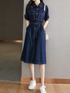 Spring Summer Denim Dress Womens Shirt Waist Cinching Korean Style High Waist A-Line Midi Dress Slimming Shirt Dress