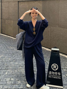 Early Autumn Casual Loose Long Sleeve Womens Shirt with Shawl Striped Straight Leg Pants Two Piece Set Elegant Fashionable