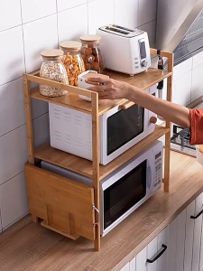 Kitchen 2 Layers Microwave Rack With Cutting Board Bamboo Material Space Saver Kitchen Rack