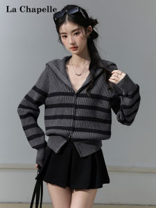 La Chapelle | Lazy Style Nautical Collar Striped Knit Cardigan with Double Zipper Soft