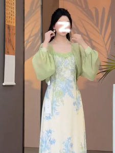 French Green Chiffon Sun Protection Womens Light Summer Cardigan with Strap Skirt Outer Small Shawl Versatile Cover up