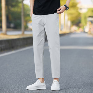 Summer Ice Silk Thin Nine Points Mens Casual Pants Elastic Slim Fit Korean Style Fashionable Youth Popular Zipper Waist