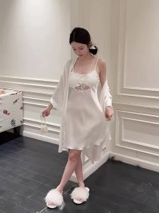 Spring and Summer New Ice Silk Hollow Out Sling Nightgown Womens Summer Thin Style Feminine Lace Pajama Dress