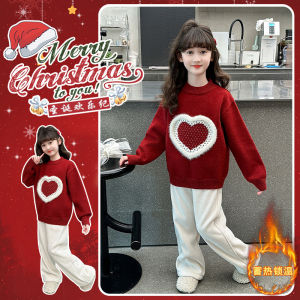 เสื้อสเวตเตอร์ถักสีแดงหนาสำหรับเด็กผู้หญิง เสื้อชั้นในฤดูหนาว แฟชั่นเด็ก ชุดปีใหม่ เสื้อผ้าเด็ก ชุดวันคริสต์มาส เสื้อผ้าเด็ก