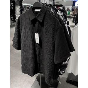 Loose Fit Short Sleeve Shirt Mens Summer New Style 300 Pounds Polyester Fabric American Casual Style Pleated Design Casual Shirt