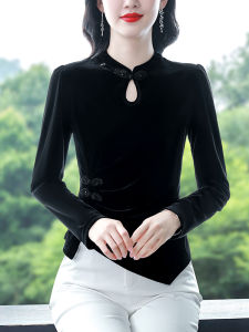 MAIMEI | New Chinese Style Half High Collar Slim Fit Velvet Base Shirt Elegance National Trend T-Shirt Long Sleeve Polyester Blend