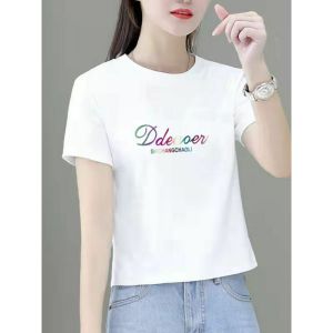 New Summer Thin Short Sleeve T-Shirt Women Casual Versatile Slimming round Neck Fashionable Short Length Top Pocket Handkerchief