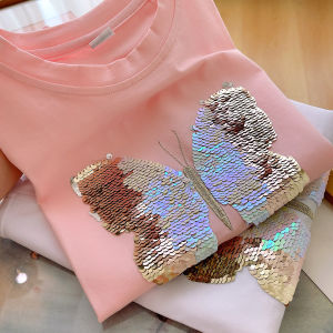 Childrens Cotton T-Shirt Glitter Butterfly Short Sleeve Base Shirt Summer Style Kids Casual round Neck Top for Boys And Girls