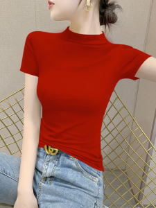 Red Half High Collar Slim Fit Short Sleeve Womens Base Shirt Fashionable Half Sleeve Sun Protection Neck Cover Korean Style Pure Color Youth Summer
